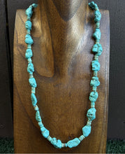 Load image into Gallery viewer, Sterling Silver Blue Turquoise Nuggets W Pearls Bead Necklace. 24 inch