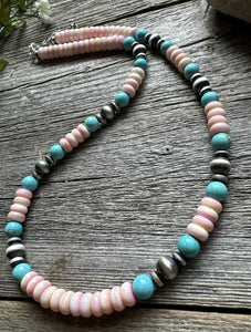 Sterling Silver Pink Conch Blue Turquoise Bead Necklace 20 Inch. Gift