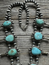 Load image into Gallery viewer, Navajo Sterling Silver Blue Turquoise Squash Blossom Pearls Necklace. K Yazzie