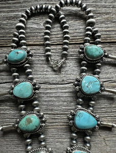 Navajo Sterling Silver Blue Turquoise Squash Blossom Pearls Necklace. K Yazzie