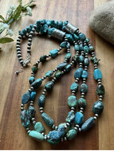 Load image into Gallery viewer, Sterling Silver Multi Strand Turquoise Nuggets Bead Necklace. 28 inch. Gift