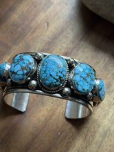 Load image into Gallery viewer, Navajo Sterling Silver Blue Kingman Turquoise Cuff Bracelet. A Albert Jake