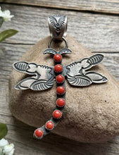 Load image into Gallery viewer, Navajo Native American Sterling Silver Red Coral Dragonfly Pendant. K Billah