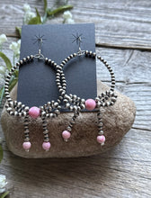 Load image into Gallery viewer, Sterling Silver Bow Pink Conch Pearls Hoop Bead Earrings 3.5 Inch