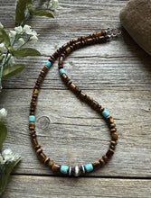 Load image into Gallery viewer, Tigers Eye Multi Stone Turquoise Sterling Silver Bead Necklace. 18 inch Gift