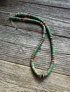 Mens Sterling Silver Green Turquoise Heishi Spiny Bead Necklace. 18 inch