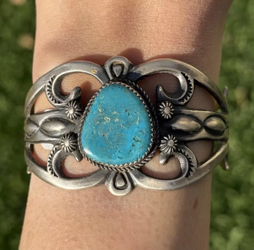 Navajo Native Sterling Silver Turquoise Cuff Bracelet Martha Cayatine