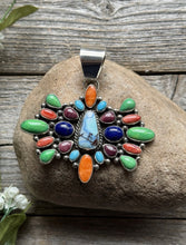 Load image into Gallery viewer, Navajo Sterling Silver Multi Stone Golden Hill Turquoise Spiny Oyster Pendant LY
