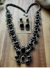 Load image into Gallery viewer, Navajo Sterling Silver Black Onyx Squash Blossom Naja Necklace Earrings Set LY