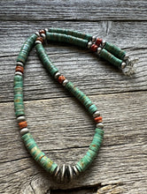 Load image into Gallery viewer, Mens Sterling Silver Green Turquoise Heishi Spiny Bead Necklace. 18 inch