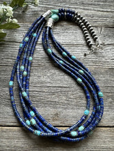 Load image into Gallery viewer, Sterling Silver Multi Strand Stone Lapis Turquoise Bead Necklace. 28 inch