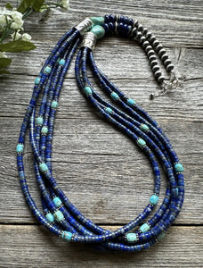 Sterling Silver Multi Strand Stone Lapis Turquoise Bead Necklace. 28 inch