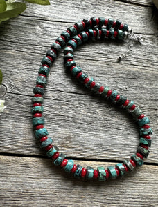 Sterling Silver Heishi Turquoise Coral Bead Necklace. 18 inch