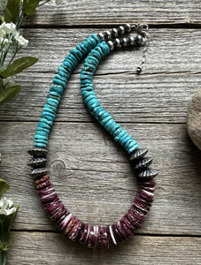 Sterling Silver Purple Spiny Oyster W Turquoise Bead Necklace. 18 inch
