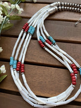 Load image into Gallery viewer, Sterling Silver Multi Strand MOP Mother Of Pearl Turquoise Coral Bead Necklace 24 inch