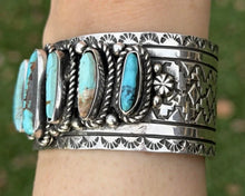 Load image into Gallery viewer, Navajo Native American Sterling Silver Blue Turquoise Row Cuff Bracelet C Yazzie