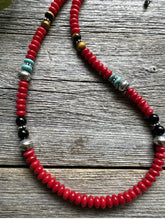 Load image into Gallery viewer, Southwestern 925 Sterling Silver Multi Stone Red Coral Bead Necklace 18 inch