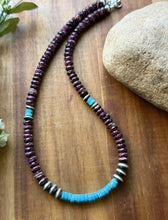 Load image into Gallery viewer, Sterling Silver Purple Spiny Oyster Heishi Turquoise Pearls Bead Necklace 18”