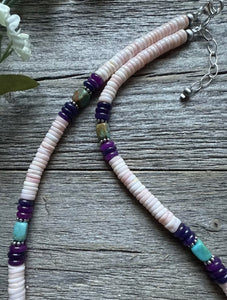 Southwestern Sterling Silver Pink Conch Multi Stone Bead Necklace. 18 Inch