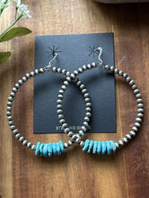 Load image into Gallery viewer, Large Sterling Silver Blue Turquoise Bead 4mm Pearls Loop Hoop Earrings. 3 Inch