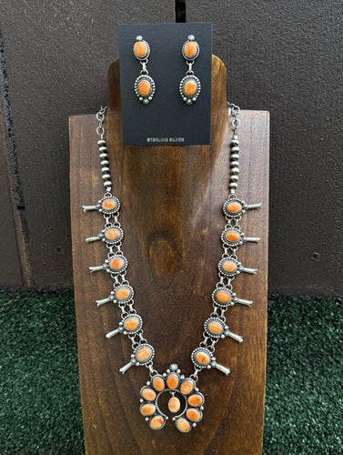 Small Navajo Squash Blossom Sterling Silver Orange Spiny Oyster Necklace Set E