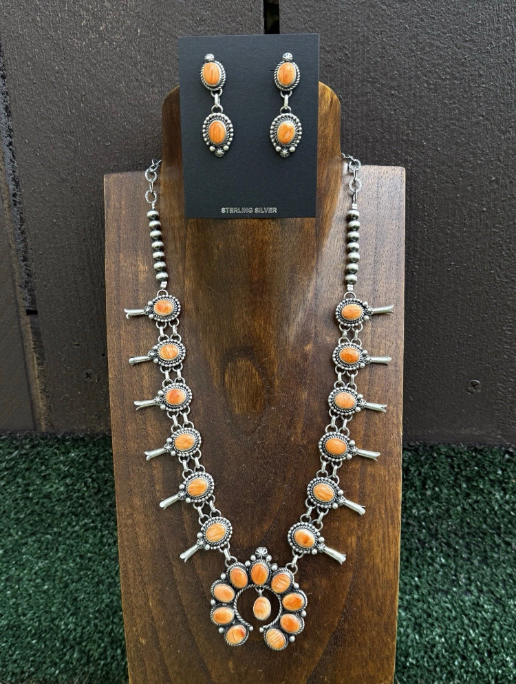 Small Navajo Squash Blossom Sterling Silver Orange Spiny Oyster Necklace Set E