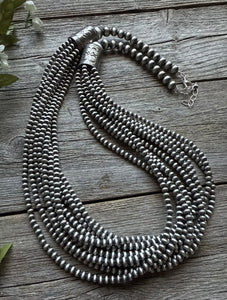 4mm Multi 10 Strand 925 Sterling Silver Oxidized Pearls Bead Necklace 24 Inch