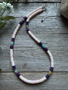 Southwestern Sterling Silver Pink Conch Multi Stone Bead Necklace. 18 Inch
