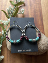 Load image into Gallery viewer, Sterling Silver Purple Spiny Oyster Turquoise Pearls Bead Loop Hoop Earrings