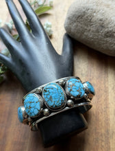 Load image into Gallery viewer, Navajo Sterling Silver Blue Kingman Turquoise Cuff Bracelet. A Albert Jake