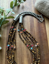 Load image into Gallery viewer, Sterling Silver Multi Strand Stone Tigers Eye Pearls Bead Necklace 24 Inch RD