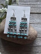 Load image into Gallery viewer, Sterling Silver Blue Turquoise W Pearls Rosary Bead Dangle Earrings. 3 Inch