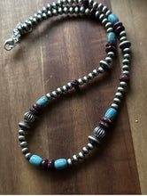 Load image into Gallery viewer, Sterling Silver Purple Spiny Oyster W Turquoise Pearls Bead Necklace. 18 inch