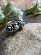 Load image into Gallery viewer, Native American Sterling Silver Freshwater Pearl Turquoise Ring Size 8