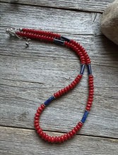 Load image into Gallery viewer, Sterling Silver Red Coral Lapis Bead Necklace. 18 inch Gift