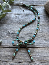 Load image into Gallery viewer, Bow Blue Green Turquoise Sterling Silver Pearls Bead Necklace. 18 Inch. Gift