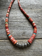 Load image into Gallery viewer, Sterling Silver Graduated Multi Stone Spiny Oyster Heishi Bead Necklace 18 inch