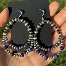 Load image into Gallery viewer, Southwestern Sterling Silver Blue Lapis Pearls Double Loop Earrings 2.5 Inch