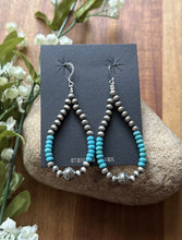 Load image into Gallery viewer, Sterling Silver Blue Turquoise Bead W Pearls Loop Hoop Earrings.
