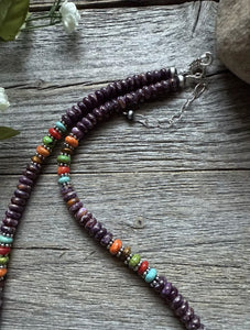 Sterling Silver Purple Spiny Oyster Multi Stone Bead Necklace. 18 inch. Gift