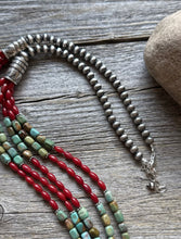 Load image into Gallery viewer, Sterling Silver Multi Strand Blue Green Turquoise Coral Pearls Bead Necklace 30”