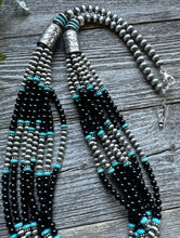Load image into Gallery viewer, Sterling Silver Multi Strand Black Onyx with Turquoise Bead Necklace. 30 Inch