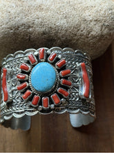 Load image into Gallery viewer, Navajo Native Sterling Silver Red Coral Turquoise Cluster Cuff Bracelet T Jon