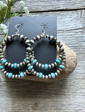 Load image into Gallery viewer, Southwestern Sterling Silver Blue Turquoise Pearls Double Loop Earrings 2.5 Inch