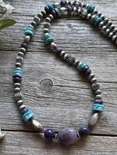 Load image into Gallery viewer, Sterling Silver Charoite Turquoise Bead Necklace. 22 Inch