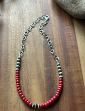 Load image into Gallery viewer, Sterling Silver Graduated Red Coral Pearls Chain Bead Necklace. 16 Inch. Gift