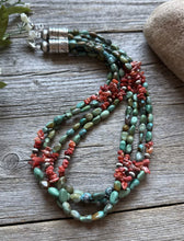 Load image into Gallery viewer, Sterling Silver Multi Strand Blue Green Turquoise Spiny Oyster Bead Necklace 20”