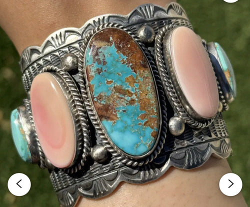 Navajo Sterling Silver Blue Royston Turquoise Pink Conch Cuff Bracelet KY