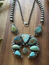 Load image into Gallery viewer, Navajo Sterling Silver Blue Green Royston Turquoise Lariat Pearls Naja Necklace