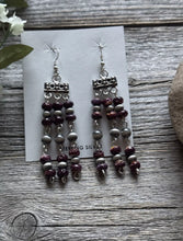 Load image into Gallery viewer, Sterling Silver Purple Spiny Oyster W Pearls Rosary Bead Dangle Earrings. 3 Inch